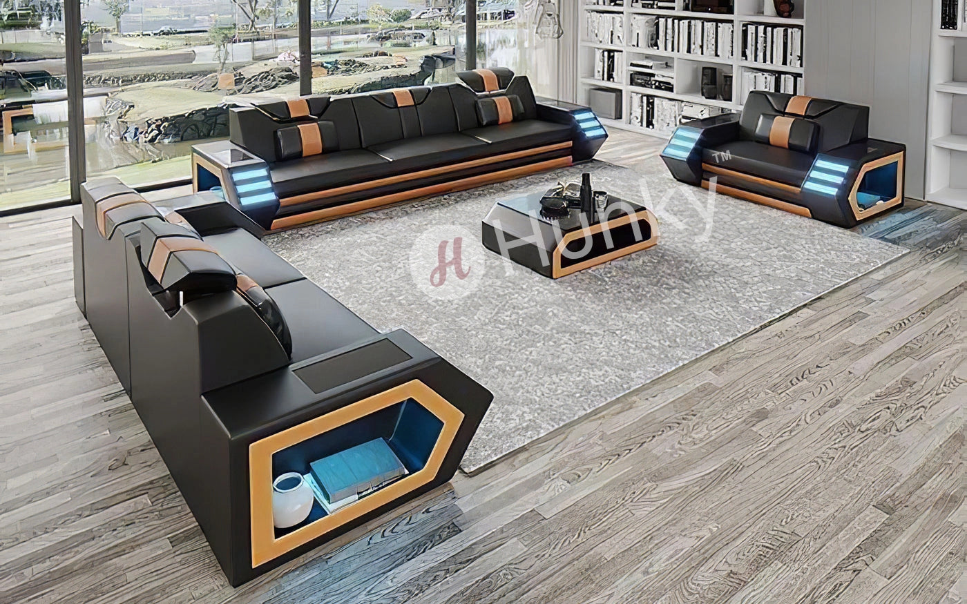 Hunky Modern leatherite Smart Sofa Set With Led Ambient Lights and Storage