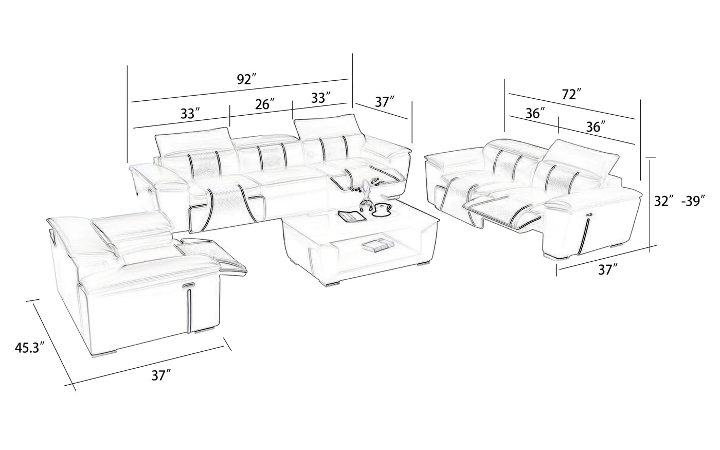 Hunky Modern Leatherite Smart Sofa Set With Manual Recliner