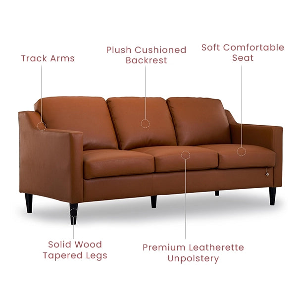 Hunky Premium Leatherette 3 Seater Sofa with Wooden Frame and legs