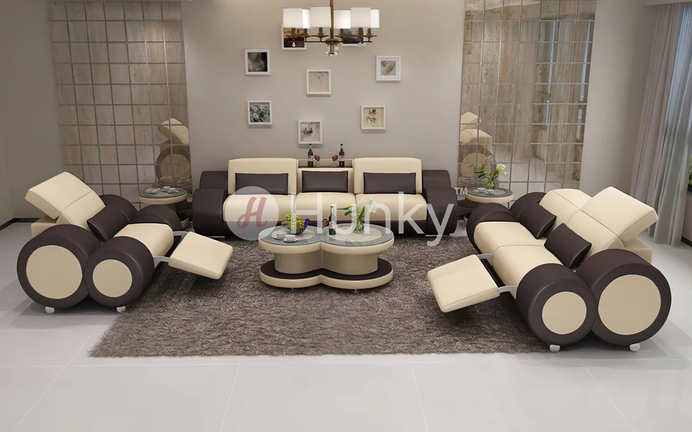 Hunky Leather Modern Smart Sofa Set With Manual Recliner