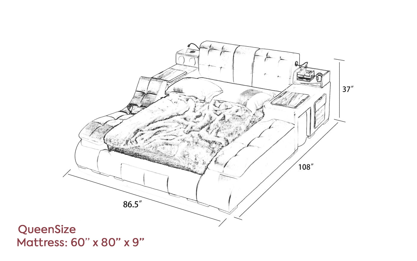 Hunky Modern Futuristic All in One Smart Bed With Massage Chair and Speakers