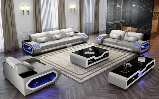 Hunky Modern Leather Dual Tone Smart Sofa Set with Cup Holder and Multi-Color Ambient light