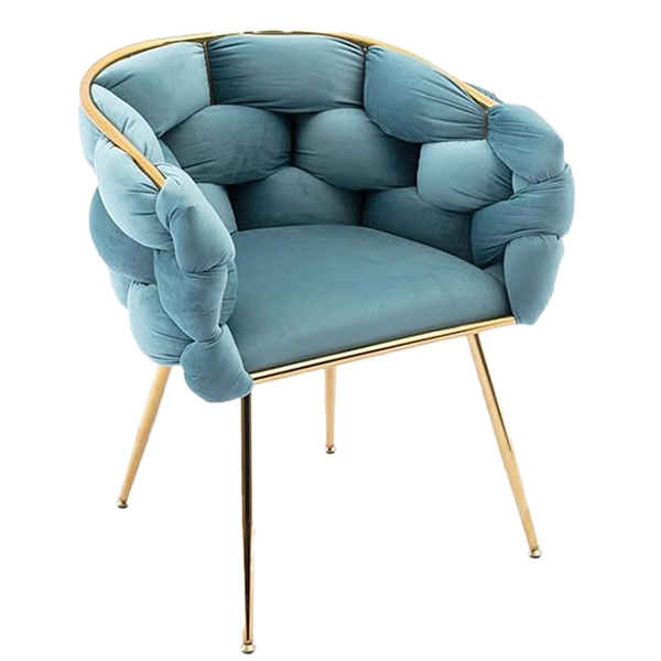 Hunky  Luxurious Velvet Barrel Accent Puffy Chair with C-Shaped Design, Woven Wrap-Around Back, and Metal Legs