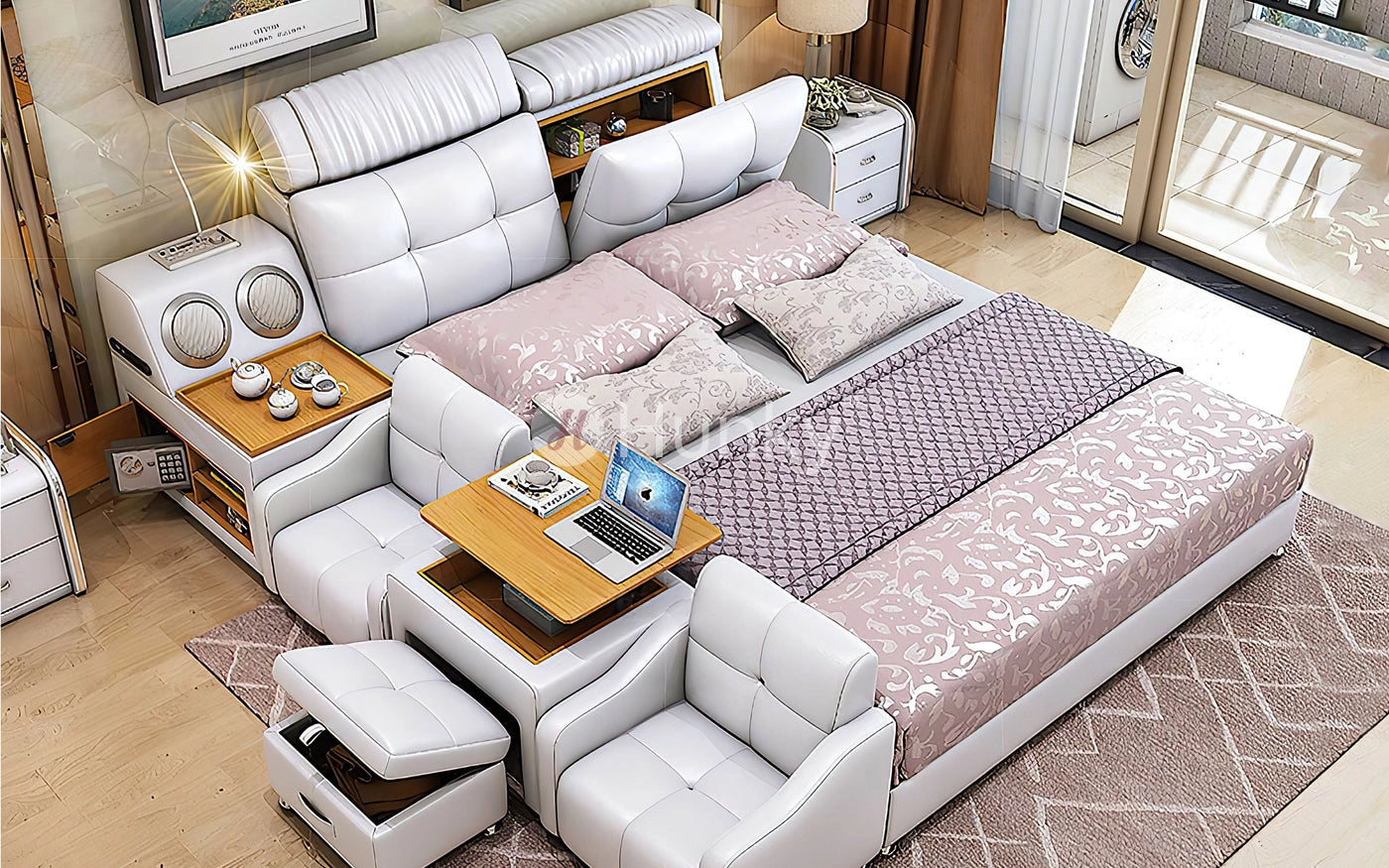 Hunky Modern Multifunctional Smart Bed With Built Arm Chairs and Speakers