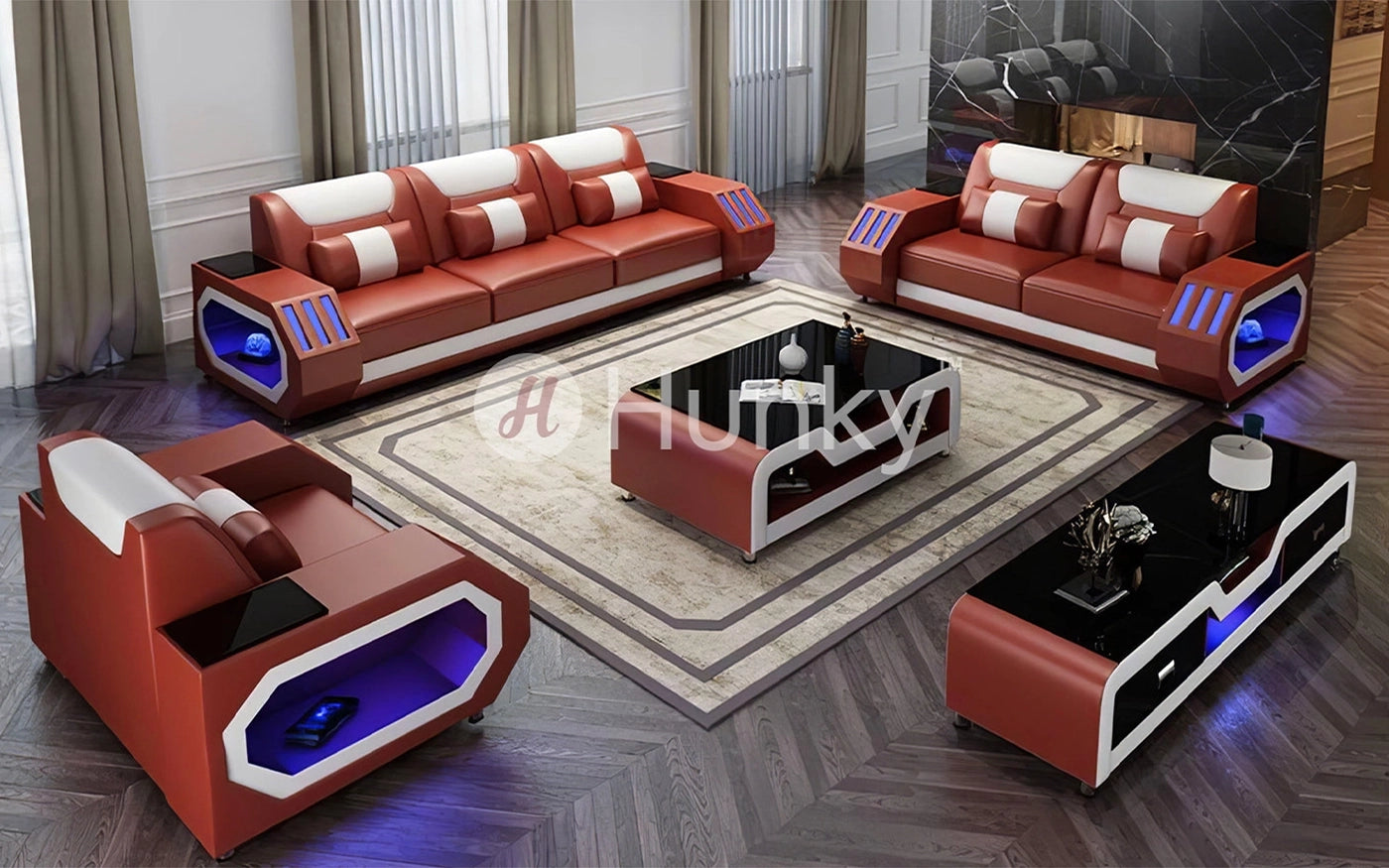 Hunky Modern Leather Dual Tone Smart Sofa Set with Cup Holder and Multi-Color Ambient light