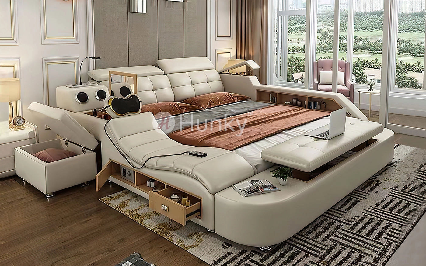 Hunky Modern Futuristic Smart Bed with Built-in Reading Lights, Safe Box, Speakers and Massage Chair