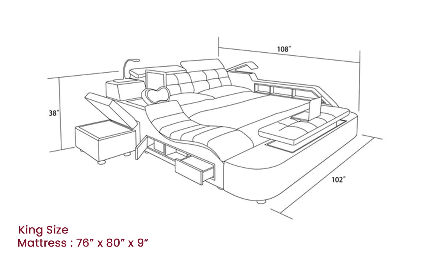 Hunky Modern Futuristic Smart Bed with Built-in Reading Lights, Safe Box, Speakers and Massage Chair