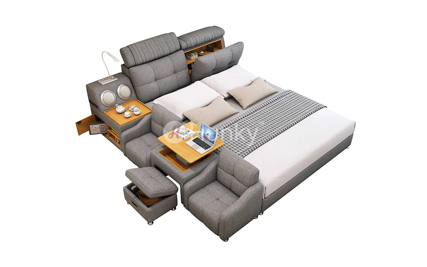 Hunky Modern Multifunctional Smart Bed With Built Arm Chairs and Speakers