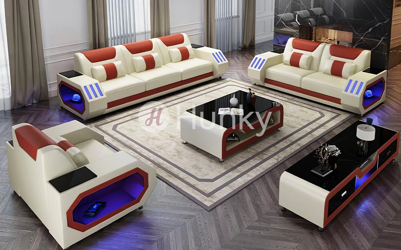 Hunky Modern Leather Dual Tone Smart Sofa Set with Cup Holder and Multi-Color Ambient light