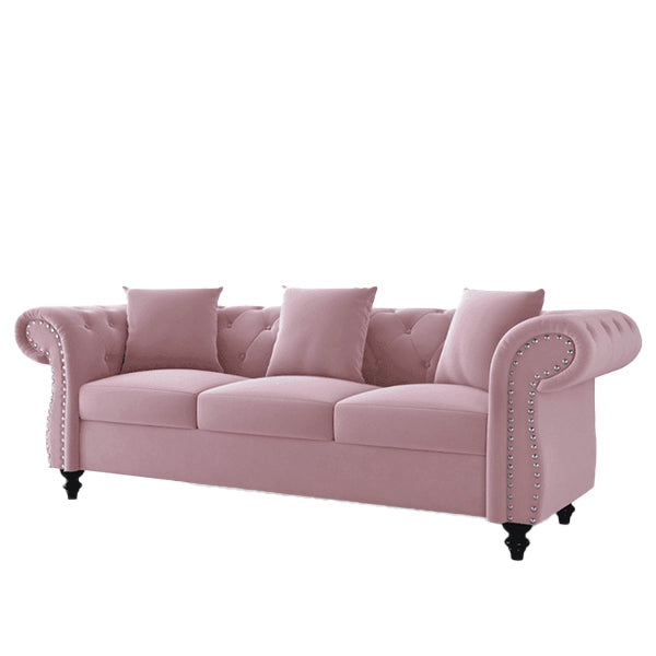 Hunky Suede fabric Chesterfield Curved Arm Sofa Set With Pine Wood legs