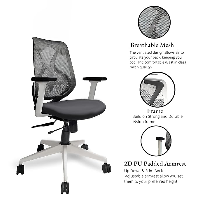 Hunky Spine Medium Back ( Black / White/ Grey ) With 2D Adjustable PU Padded Armrest ,3 Year Warranty , Lumbar Support ,Smart Synchro Multi Lock Mechanism & Heavy Duty Nylon Base (White & Grey )