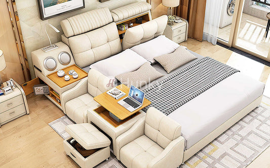 Hunky Modern Multifunctional Smart Bed With Built Arm Chairs and Speakers
