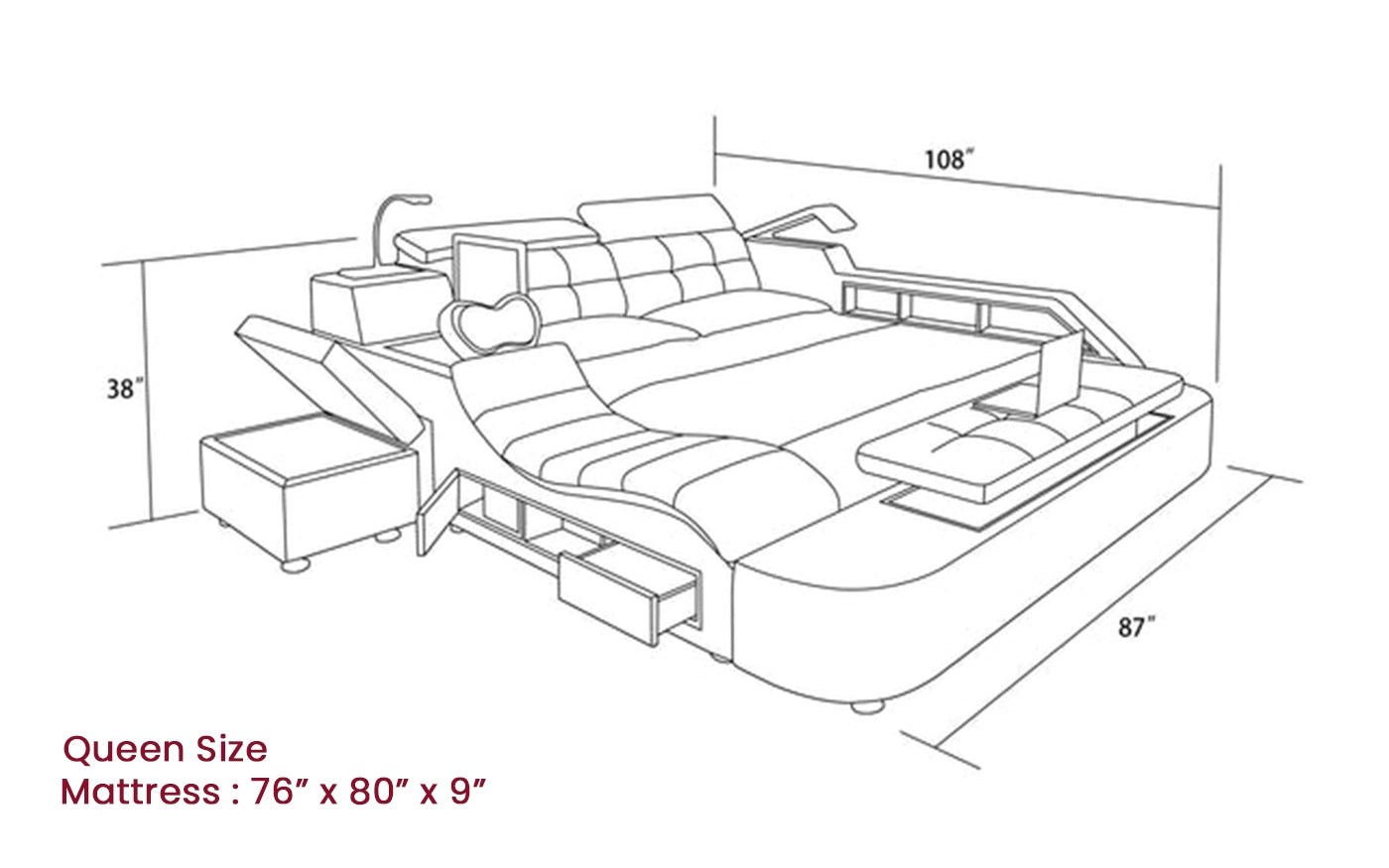 Hunky Modern Futuristic Smart Bed with Built-in Reading Lights, Safe Box, Speakers and Massage Chair