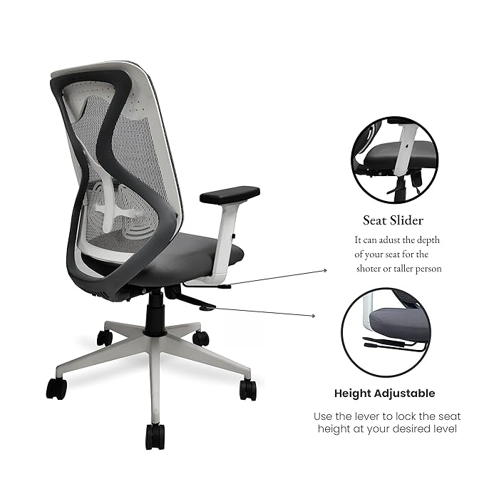 Hunky Spine Medium Back ( Black / White/ Grey ) With 2D Adjustable PU Padded Armrest ,3 Year Warranty , Lumbar Support ,Smart Synchro Multi Lock Mechanism & Heavy Duty Nylon Base (White & Grey )