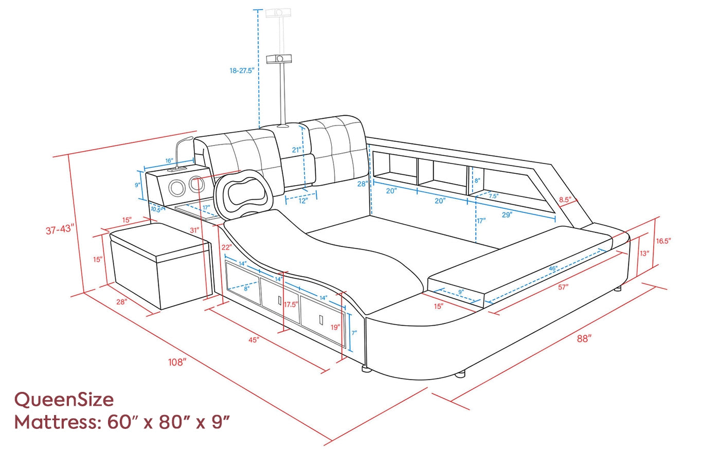 Hunky Ultimate Tech Multifunctional Smart Bed With Built-in Projector and Safe Box