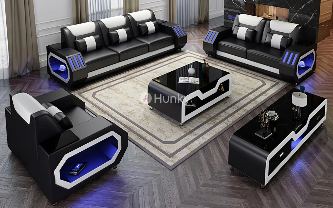 Hunky Modern Leather Dual Tone Smart Sofa Set with Cup Holder and Multi-Color Ambient light