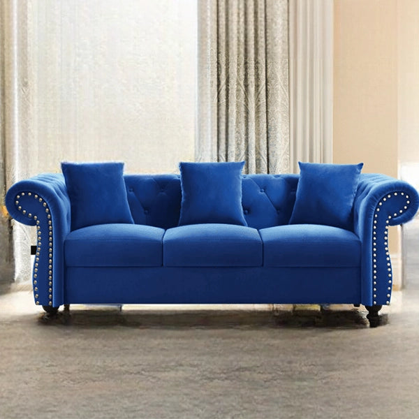 Hunky Suede fabric Chesterfield Curved Arm Sofa Set With Pine Wood legs