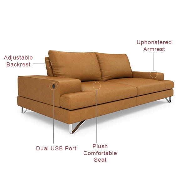 Hunky leatherette 3 Seater Sofa Set with Wooden Frame, Stainless Steel Legs and 2 USB Ports