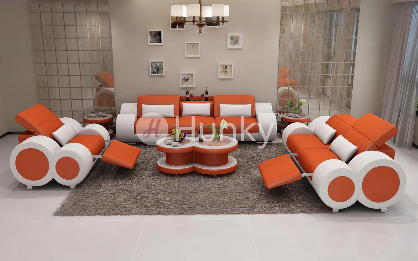 Hunky Leather Modern Smart Sofa Set With Manual Recliner