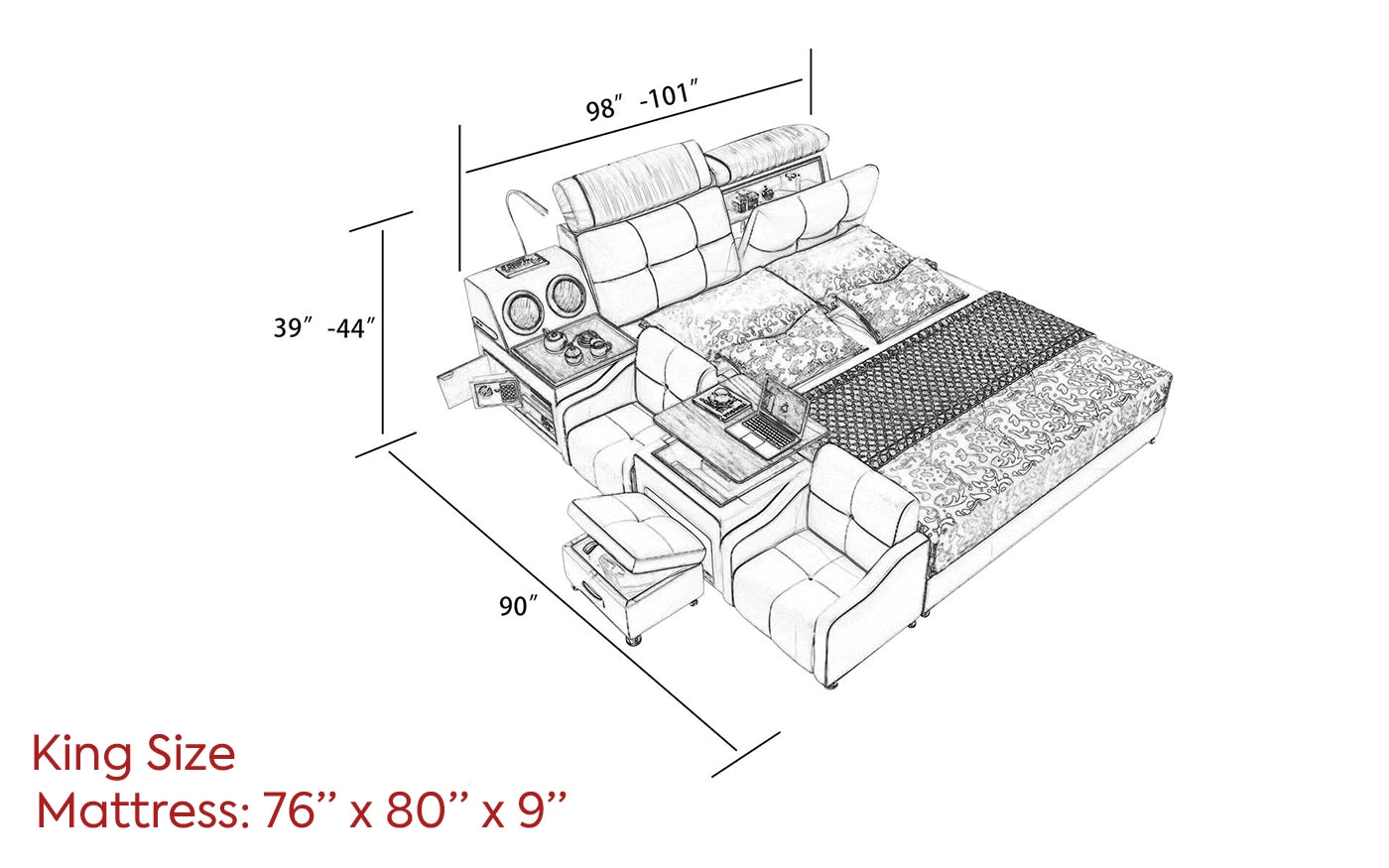 Hunky Modern Multifunctional Smart Bed With Built Arm Chairs and Speakers