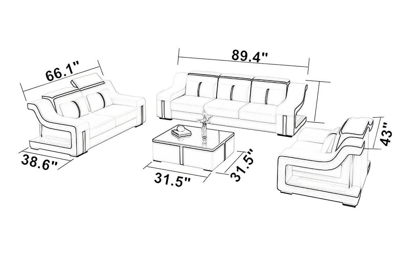 Hunky Modern Smart Sofa Set With Ambient Led Lights