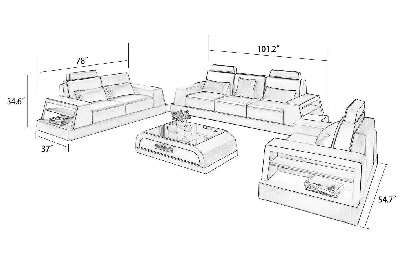 Hunky Smart Sofa Set With Modern Leatherite Design and Side Storage