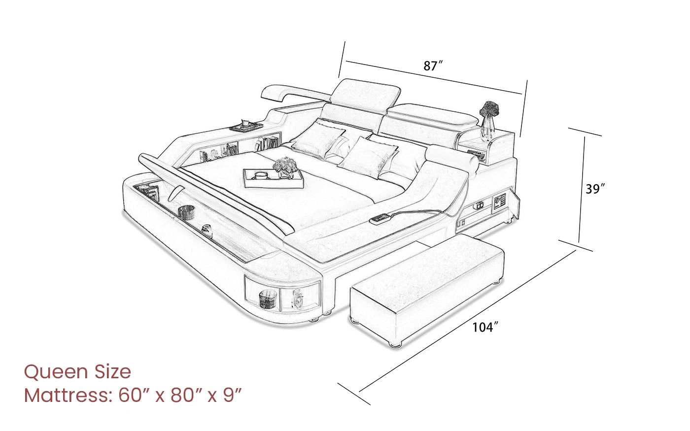 Hunky Modern Multifunctional Futuristic Smart Bed with Built-in Massage Chair and Storage