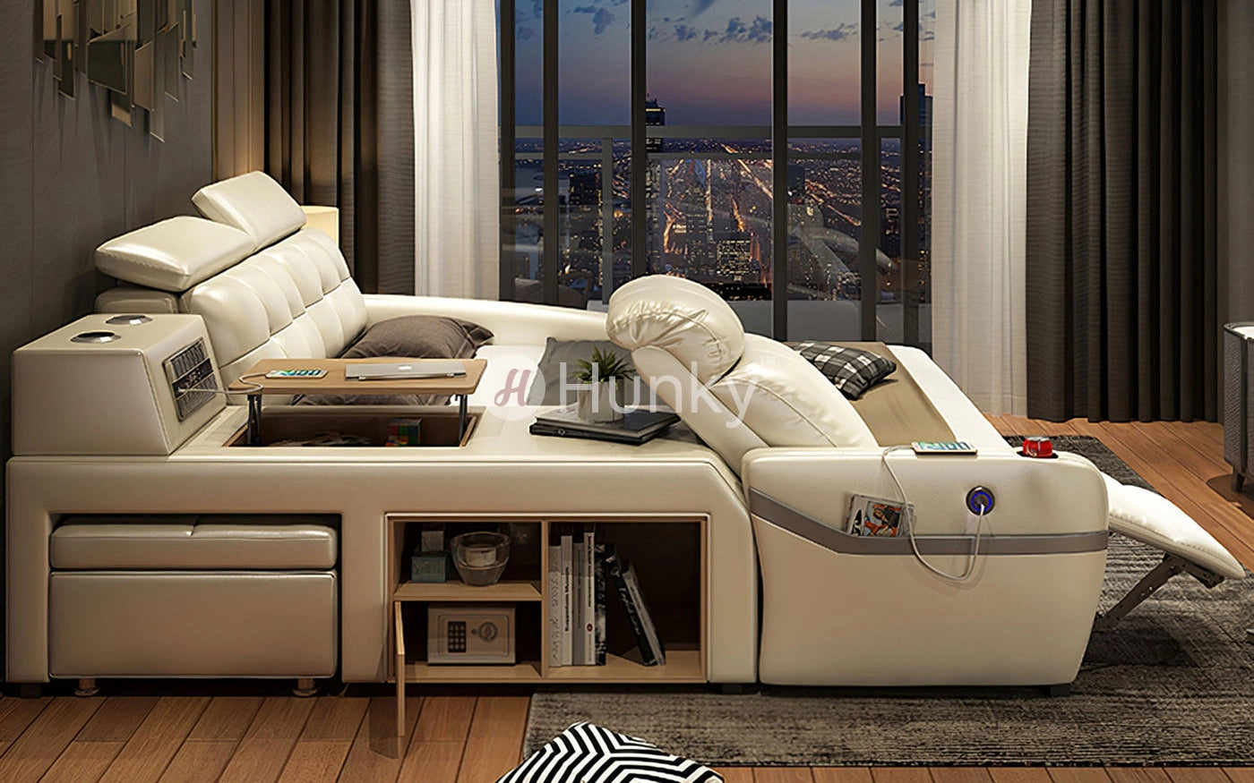 Hunky King Size Multifunctional Smart Bed with Massage Chair and Air Purifiers