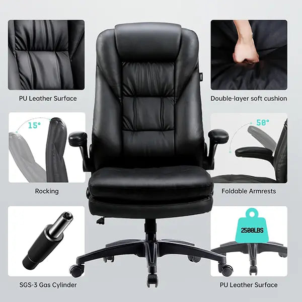 Hunky Pu leather Office Executive Director Chair with Flip Up Arms and Soft Neck Support