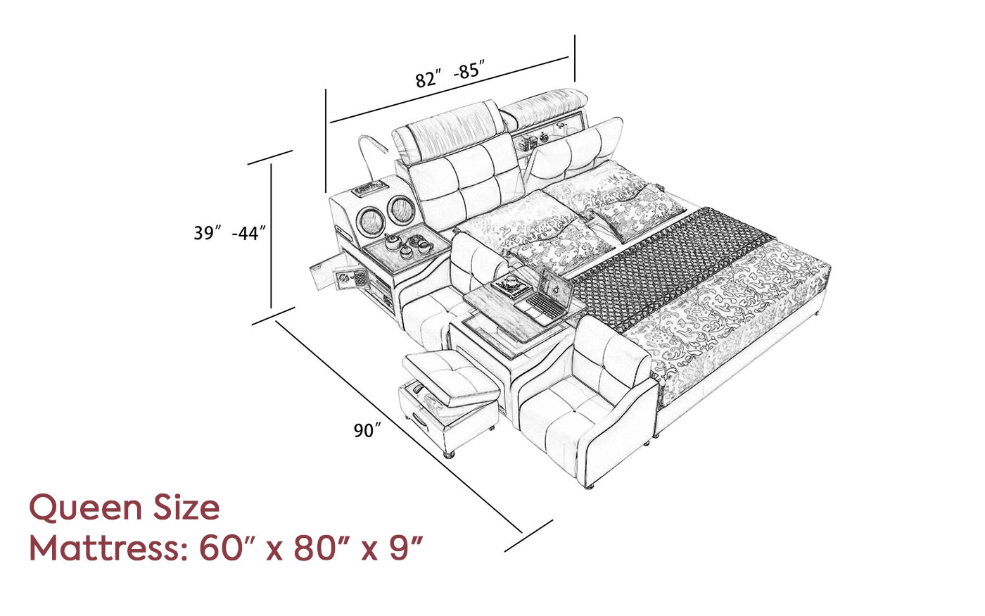 Hunky Modern Multifunctional Smart Bed With Built Arm Chairs and Speakers