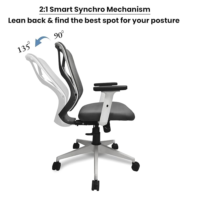 Hunky Spine Medium Back ( Black / White/ Grey ) With 2D Adjustable PU Padded Armrest ,3 Year Warranty , Lumbar Support ,Smart Synchro Multi Lock Mechanism & Heavy Duty Nylon Base (White & Grey )