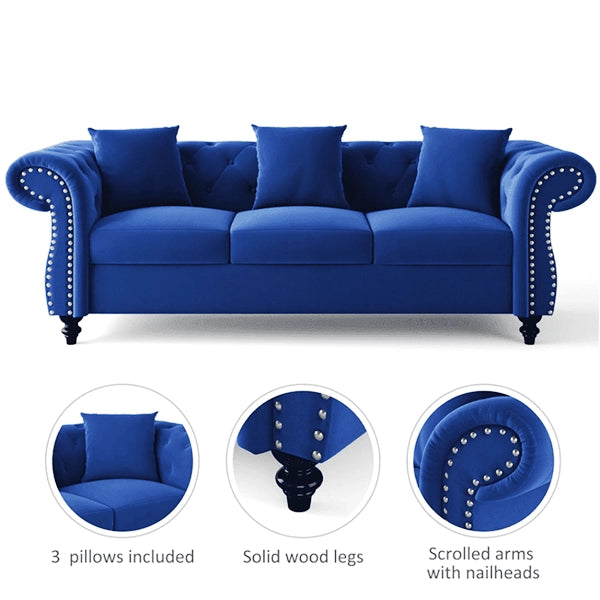 Hunky Suede fabric Chesterfield Curved Arm Sofa Set With Pine Wood legs