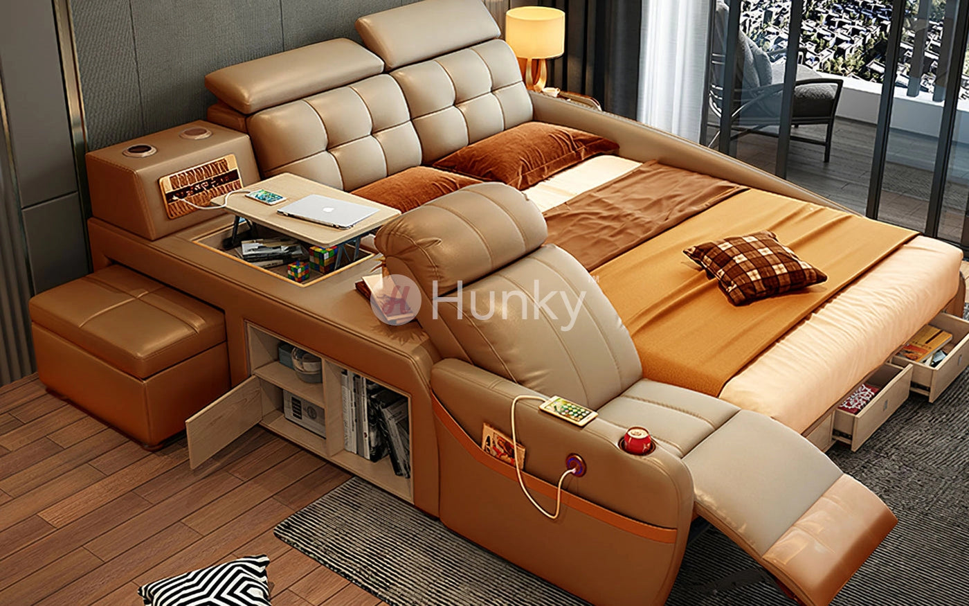 Hunky King Size Multifunctional Smart Bed with Massage Chair and Air Purifiers