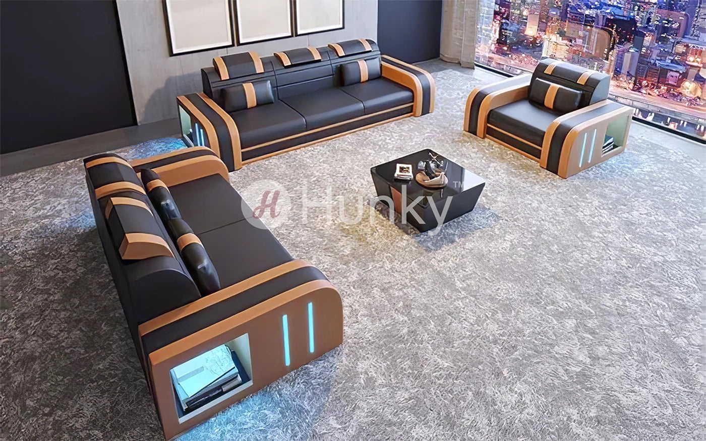 Hunky Dual Tone Leather Modern Smart Sofa Set with Storage and Ambient Led Lights