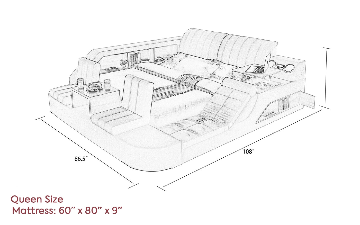 Hunky Multifunction Ultimate Smart Bed With Built-in Massage Chair, Speakers and Storage