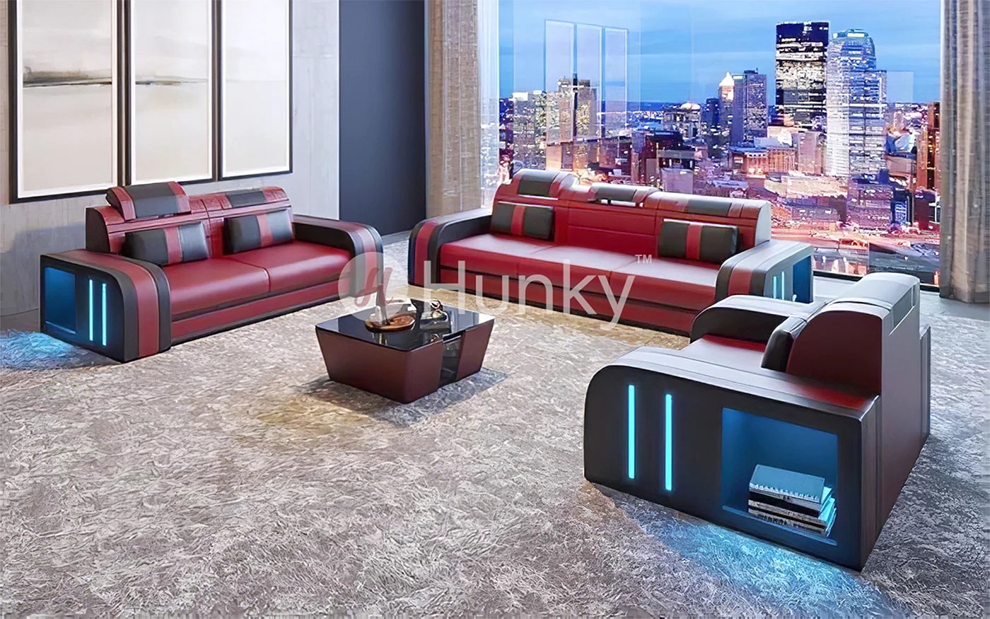 Hunky Dual Tone Leather Modern Smart Sofa Set with Storage and Ambient Led Lights