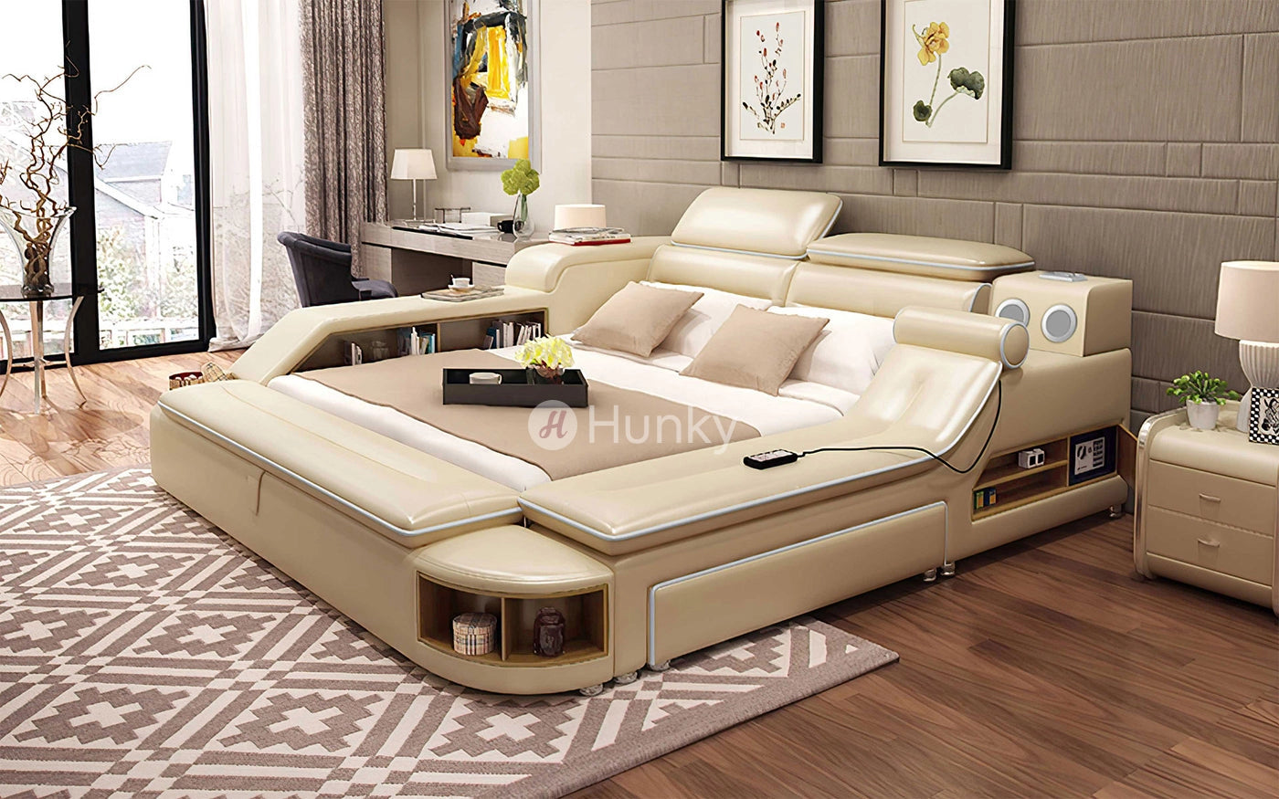 Hunky Multifunctional Modern Smart Bed With Built-In Massage Chair and Bluetooth Speakers