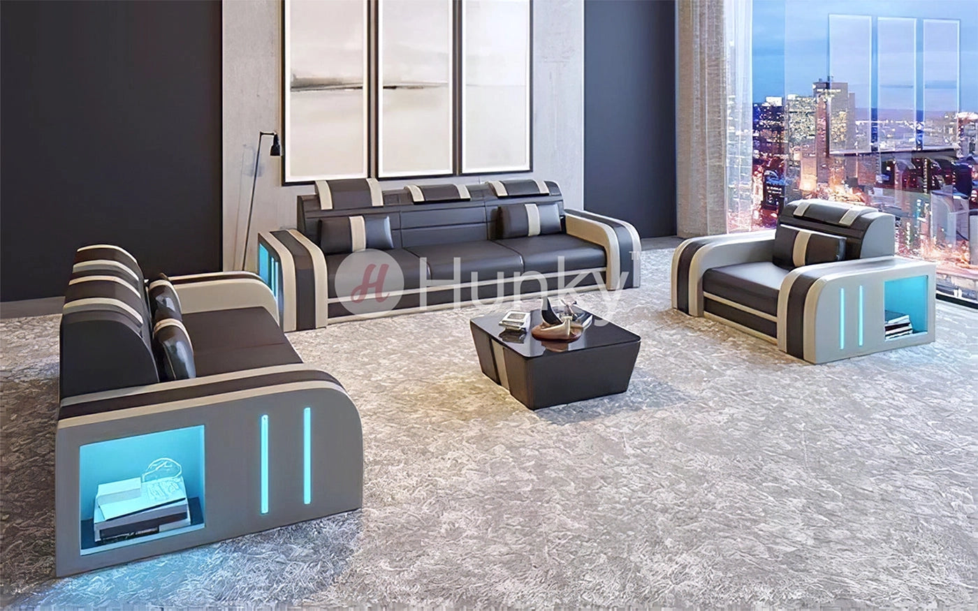 Hunky Dual Tone Leather Modern Smart Sofa Set with Storage and Ambient Led Lights