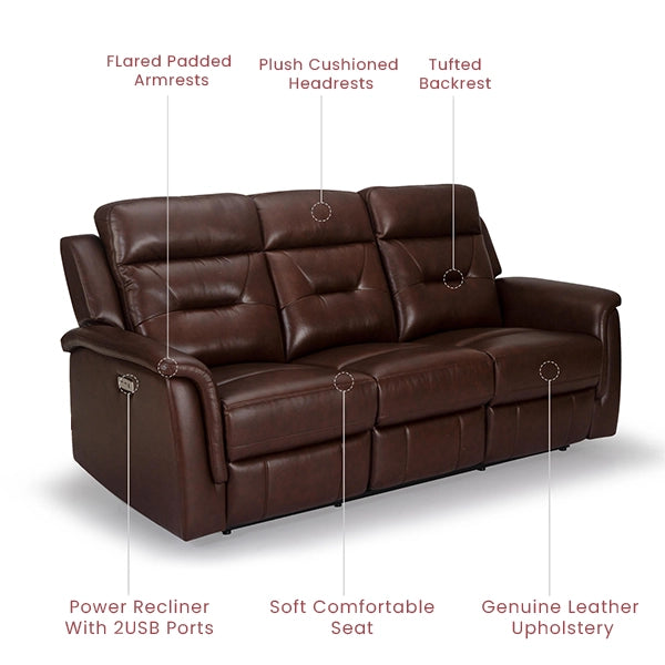 Hunky Modern Leatherette 3 Seater Power Recliner Sofa Set With 2 USB Ports