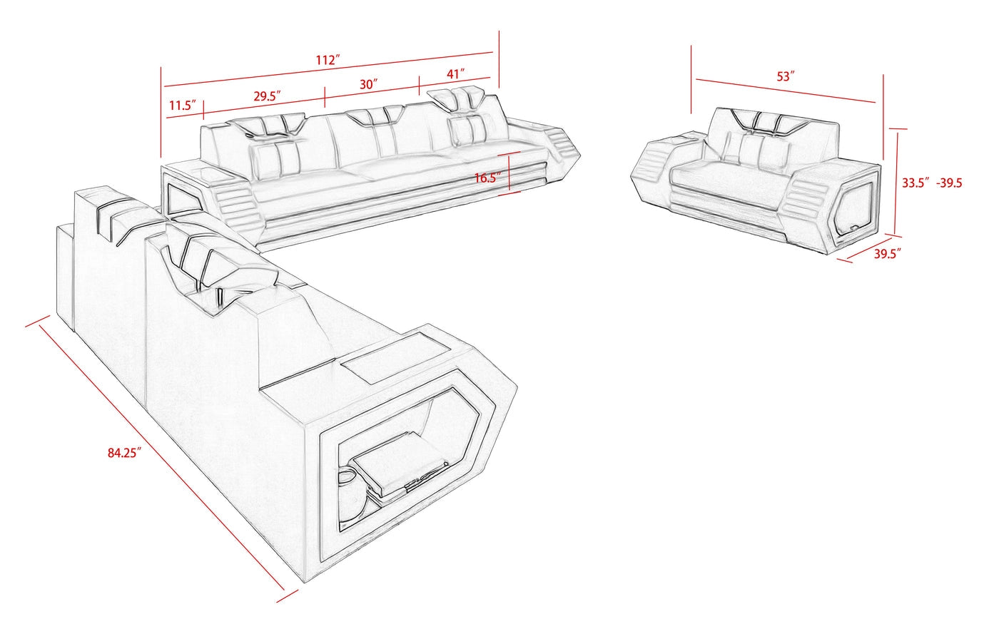 Hunky Modern leatherite Smart Sofa Set With Led Ambient Lights and Storage